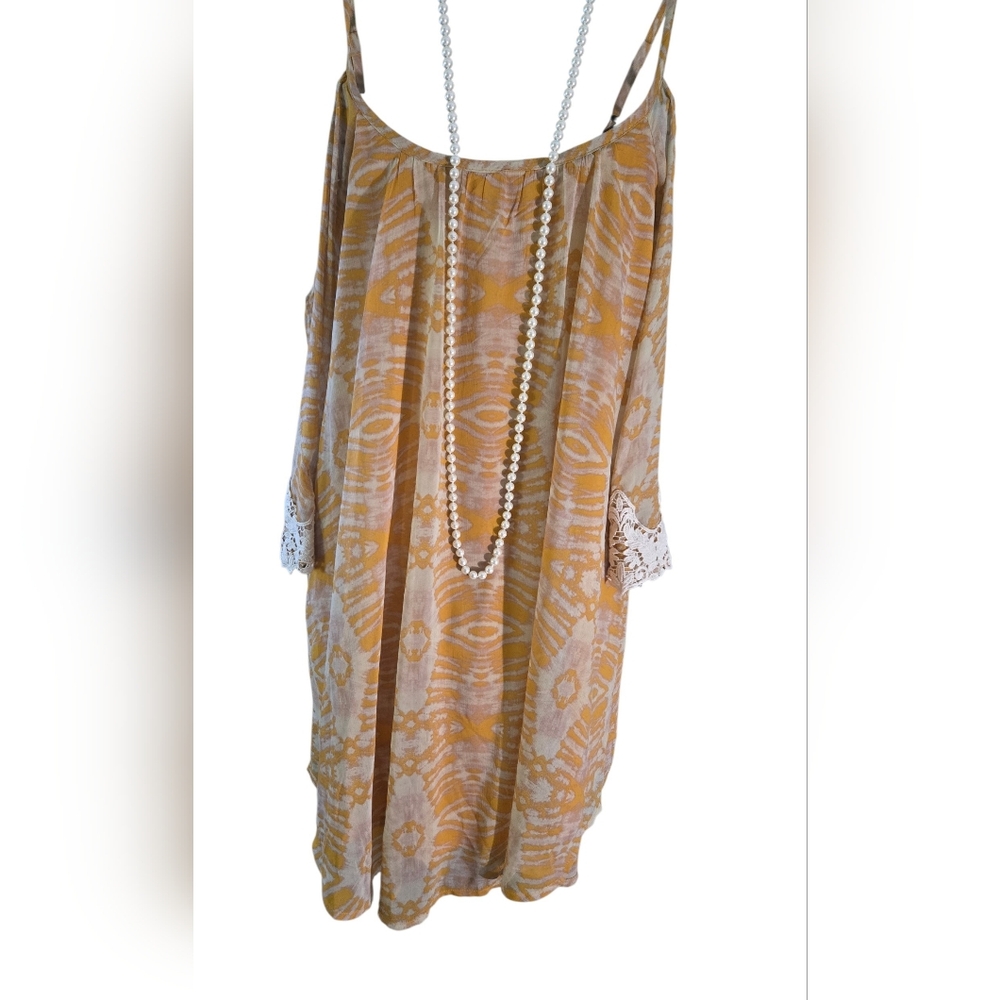 Xhilaration Mustard Ikat Spaghetti Strap Blouse with Crochet Sleeve Trim Size XS - Picture 2 of 4